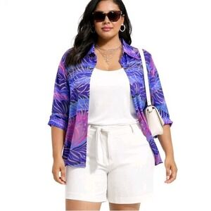 Vintage WEST END Size Large Y2K Sheer Burnout Tropical Resort Wear Beach Blouse